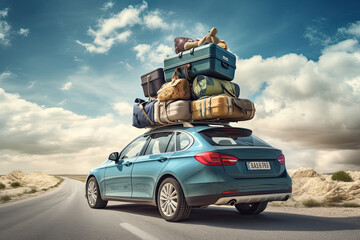 Fototapeta premium Travelling by car. Car with luggage on the roof. Car on the road with a lot of suitcases on roof. Family travel on vacation.