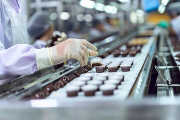 workers quality control on a production line in a busy food processing