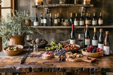 A rustic wooden table adorned with a variety of olives
