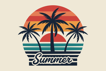 Summer day T-Shirt Design, Beach with palms tree and Summer sunset Vector illustration on white background, silhouette, bird, icon, svg, characters, Holiday t shirt, Hand drawn trendy Vector illustrat