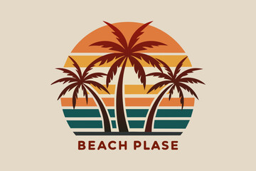 Summer day T-Shirt Design, Beach with palms tree and Summer sunset Vector illustration on white background, silhouette, bird, icon, svg, characters, Holiday t shirt, Hand drawn trendy Vector illustrat