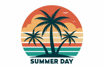 Summer day T-Shirt Design, Beach with palms tree and Summer sunset Vector illustration on white background, silhouette, bird, icon, svg, characters, Holiday t shirt, Hand drawn trendy Vector illustrat