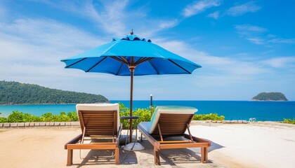blue umbrella and sea facing chairs under Blue sky, Summer days in beach