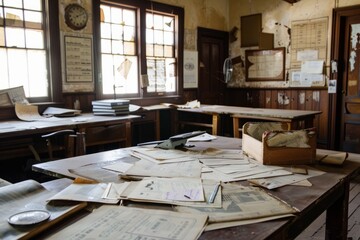A decaying mining office, its paperwork strewn across dusty desks, a relic of a bygone era of industry and enterprise, Generative AI