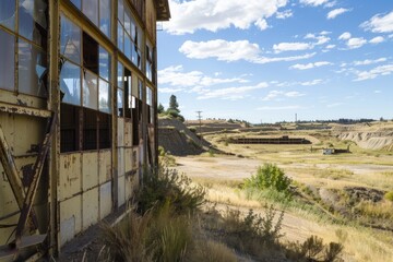 A derelict mining warehouse, its windows broken and its doors hanging askew, a silent sentinel overlooking the abandoned site, Generative AI
