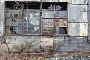 A derelict mining warehouse, its windows broken and its doors hanging askew, a silent sentinel overlooking the abandoned site, Generative AI