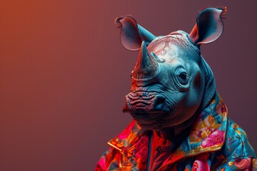 A Rhino styled in funky fashion with a colorful jacket, casual shirt, and dark shades, against a soft pastel background, creating a cool, AI Generative