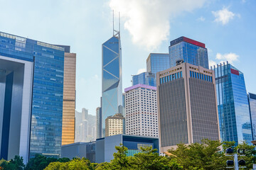 City urban view of tall glass skyscrapers in the financial district building, a symbol of the...