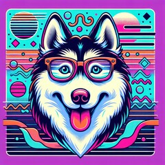 Pastel Neon Pup: A Whimsical Husky in Glasses - Trendy Synthwave Vector Illustration with a Playful Post-Impressionist Twist for T-Shirt Art. Generative AI