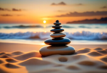 A pyramid made of stacked stones on a sandy beach with the ocean at sunset - Powered by Adobe