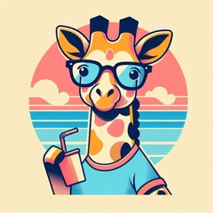 Retro Giraffe Groove: A Playful, Pastel Synthwave Vector Illustration with Post-Impressionist Touches for Whimsical T-Shirt Art. Generative AI
