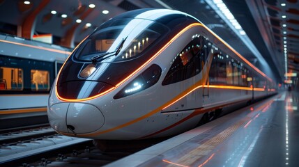 Fototapeta premium futuristic high-speed train navigating through diverse terrains, emblematic of modern and future transportation, crossing countries on an industrialist's railway, AI Generative