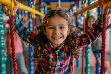 Smiling children swinging on monkey bars in the playground