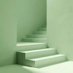 Illustrate a 3D icon that features stylized stairs or steps, emerging from a light green pastel color wall background. The design should convey progress, growth, AI Generative