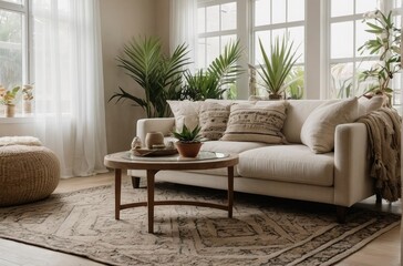 Fototapeta premium Inviting Living Room Warm Colored Furniture , couch and chair in a living room, bay window, apartment