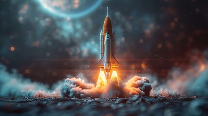 Laptop as a launchpad for a space rocket, visualizing startup success and digital exploration, AI Generative