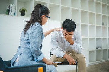 Psychologist listening to the problem of a patient with mental health problems, a patient for...