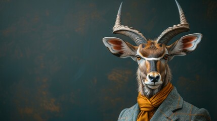 Portrait of a Kudu in an elegant business suit, captured in a professional photo studio setting, refined and commanding presence, AI Generative