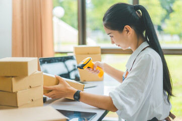 online small business owner scans a barcode-labeled parcel with a barcode scanner to verify a...