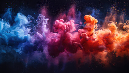  Colorful smoke cloud background. Abstract color explosion on a dark background with colorful powder, paint or ink in water.  Created with Ai