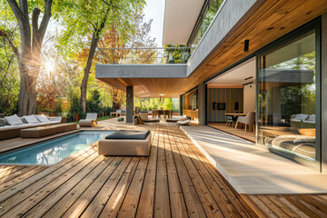 Modern wooden terrace with outdoor furniture and swimming pool in the garden of a modern house