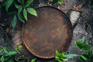 Top view photo rusty iron plate dish