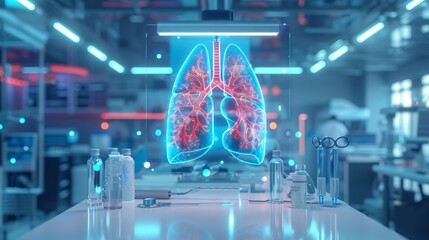 Obraz premium Illuminated Lung Hologram in Modern Medical Lab