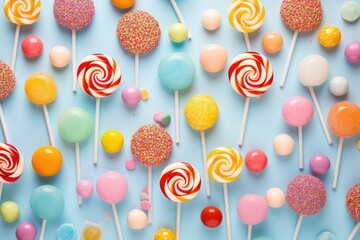 a collection of colorful lollipops on a pastel background with sprinkles and sprinkles on them, all of different shapes and sizes and shapes. Summer background. Sweet food.