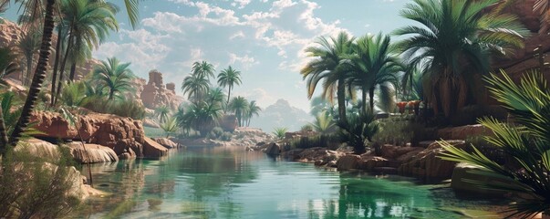 Tranquil Desert Oasis with Palm Trees
