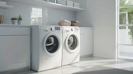 Modern and stylish laundry room home interior with household washer and dryer