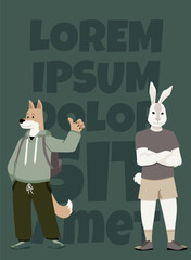 Anthropomorphic animals on vector poster, cute dressed furry dog and hare, cartoon doggy bunny in casual fashion clothes