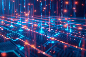 Close-up of a high-tech digital circuit board featuring vibrant neon blue and red highlights, symbolizing advanced technology