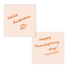 Hello Autumn Happy Thanksgiving Day Handwriting lettering Note stickers Set of 2 Greeting concept