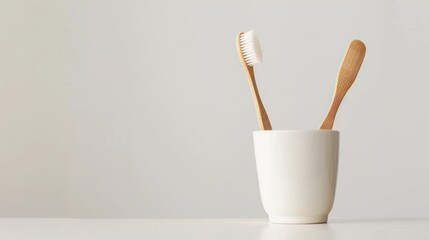natural eco friendly toothbrush with wooden bamboo handle in a white cup