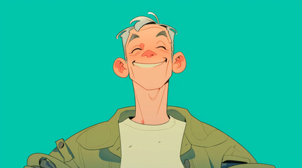 A cartoon man is smiling and wearing a green jacket