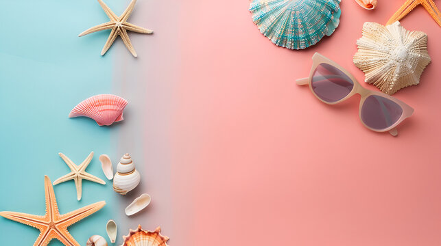 accesorios del mar elementos de playa y turismo fondo de verano aventura objetos alusivos a vacaciones con estrellas de mar y conchas