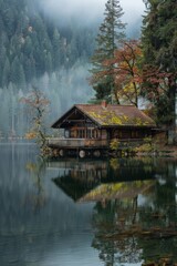 Fototapeta premium Lakeside Cabin Harmony. Concept Nature Photography