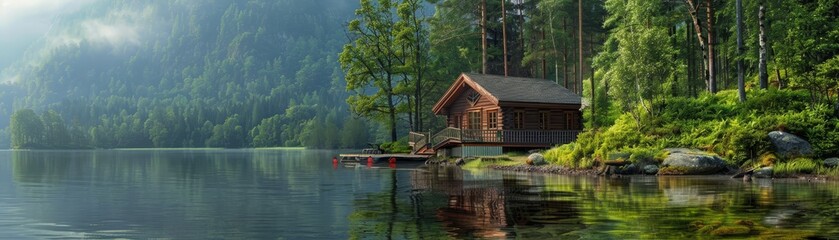 Obraz premium Lakeside Cabin Harmony. Concept Nature Photography