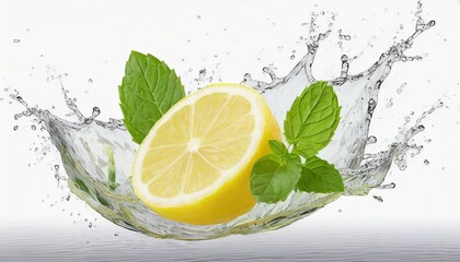 Lemon with leaves against white background with water splash