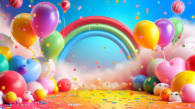 invitaci&oacute;n digital par dise&ntilde;o fondo colorido y con arcoiris y globos flotando entre las nubes plantilla divertida y alegre para ni&ntilde;os infantil fondo de colores brillantes
