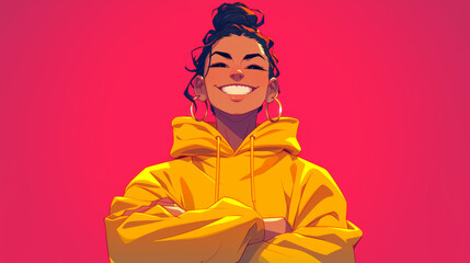 A woman in a yellow hoodie is smiling and posing for a picture