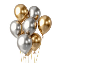 Golden and silver balloon in birthday on transparent background. Copy space. Cutout.