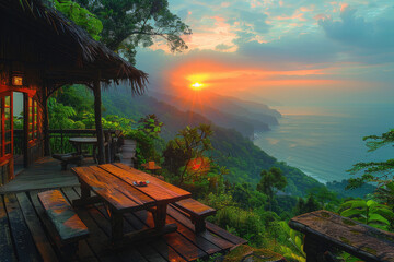 Beautiful view of the sunset from an open wooden hut in south american jungle, overlooking mountains and sea. Created with Ai - obrazy, fototapety, plakaty