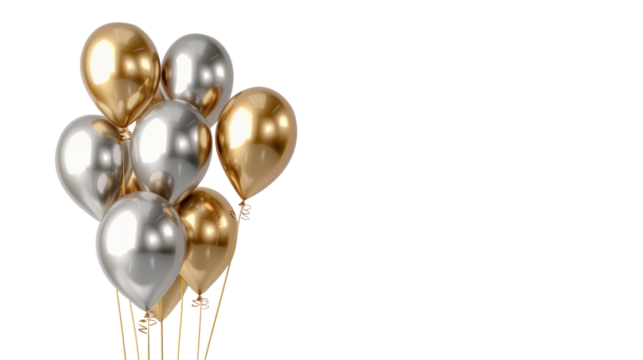 Golden and silver balloon in birthday on transparent background. Copy space. Cutout.