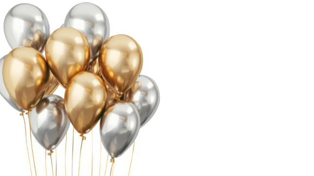 Golden and silver balloon in birthday on transparent background. Copy space. Cutout.