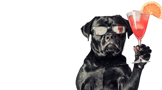 Drunk dog wearing glasses holding and drinking a cocktail on transparent background.