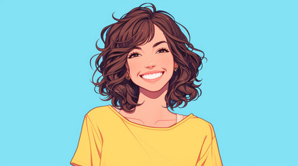 A woman with a yellow shirt is smiling