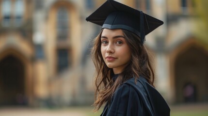 Young European brunette woman in black gown and graduation cap in front of a university. Graduate thinking about her future in historic architecture background