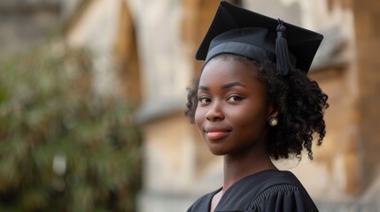 Young black woman in a gown and graduation cap standing in front of a university. Graduate thinking about her future in historic architecture background - Powered by Adobe