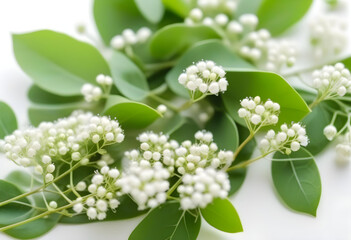 A bouquet of white baby's breath and green eucalyptus on a white background